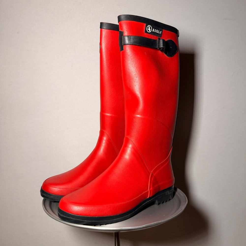 Aigle Riding Rain Boots Womens 38 US 7 Red Rubber Waterproof Tall France‎ Buckle